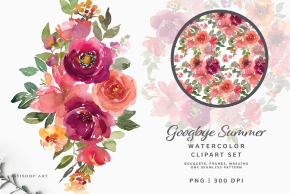 Burgundy and Peachy Watercolor Clipart Collection