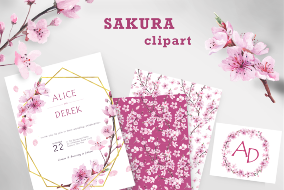 Craft Elegant Wedding Designs with Watercolor Gold Geometric Sakura Frames