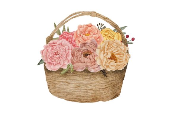 Watercolor Peony Flowers in a Basket Illustration
